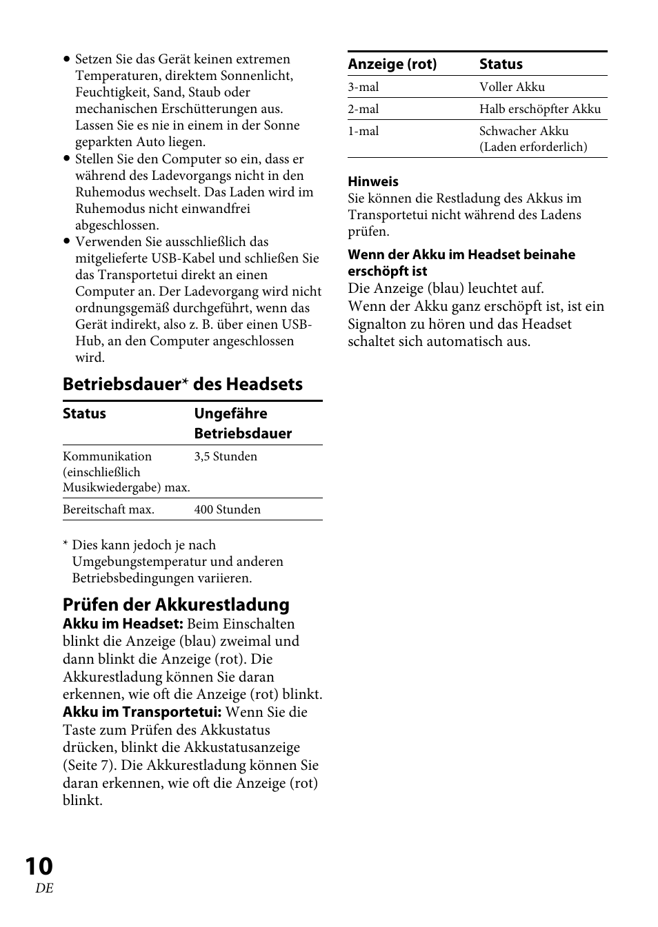 Betriebsdauer * des headsets, Prüfen der akkurestladung | Sony XBA-BT75 User Manual | Page 62 / 132