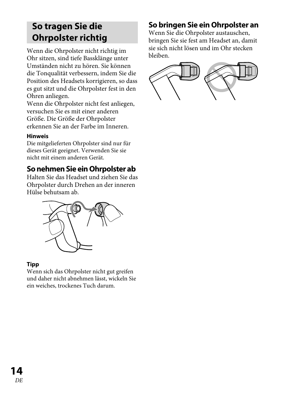 So tragen sie die ohrpolster richtig | Sony XBA-BT75 User Manual | Page 66 / 132