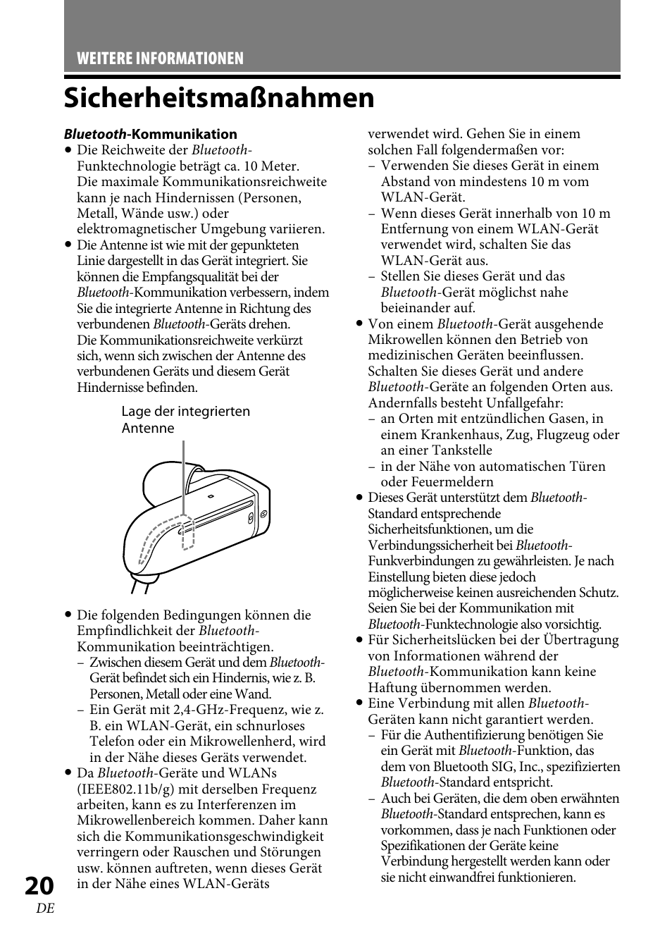 Sicherheitsmaßnahmen | Sony XBA-BT75 User Manual | Page 72 / 132