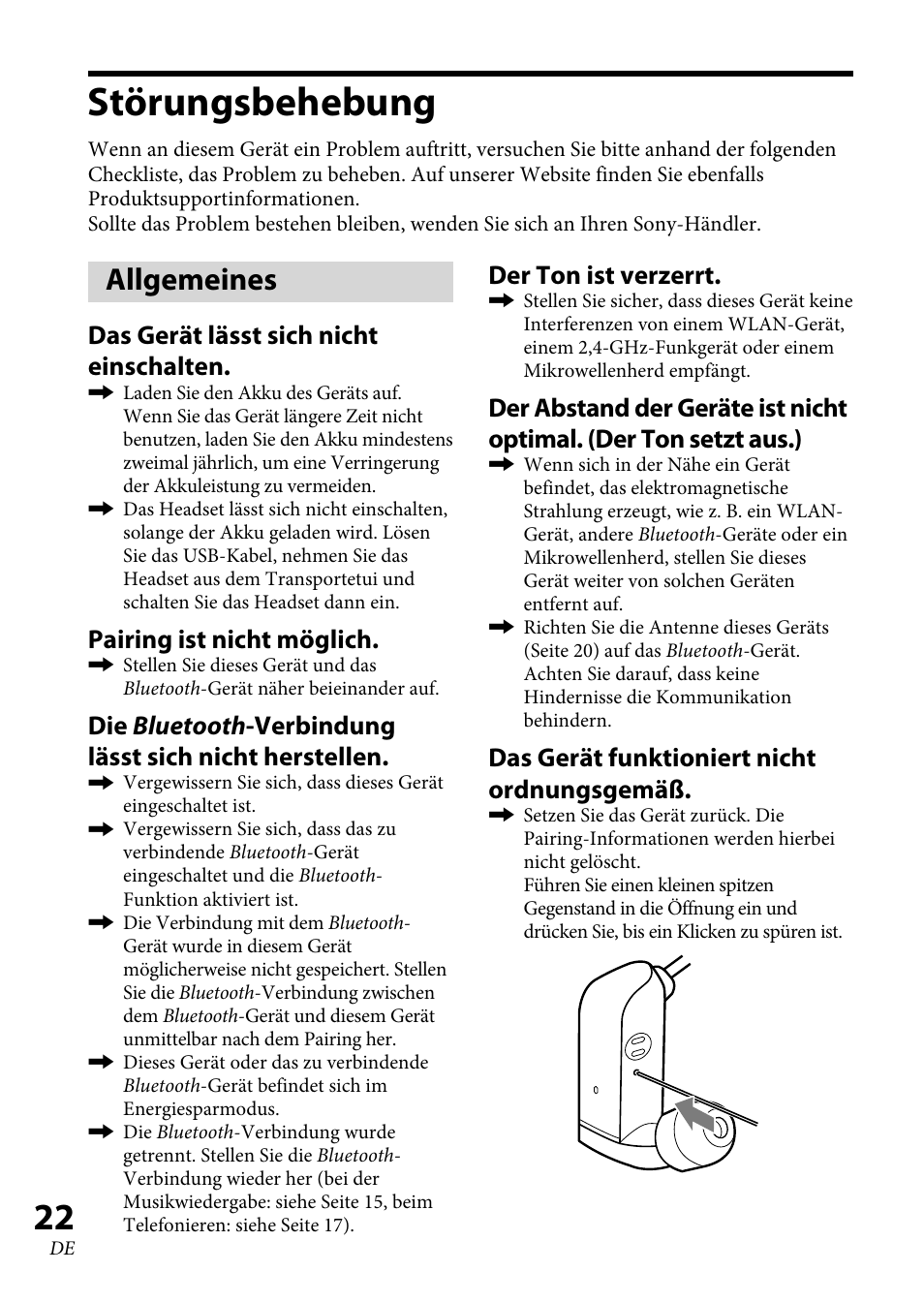 Störungsbehebung, Allgemeines, Das gerät lässt sich nicht einschalten | Pairing ist nicht möglich, Der ton ist verzerrt, Das gerät funktioniert nicht ordnungsgemäß | Sony XBA-BT75 User Manual | Page 74 / 132