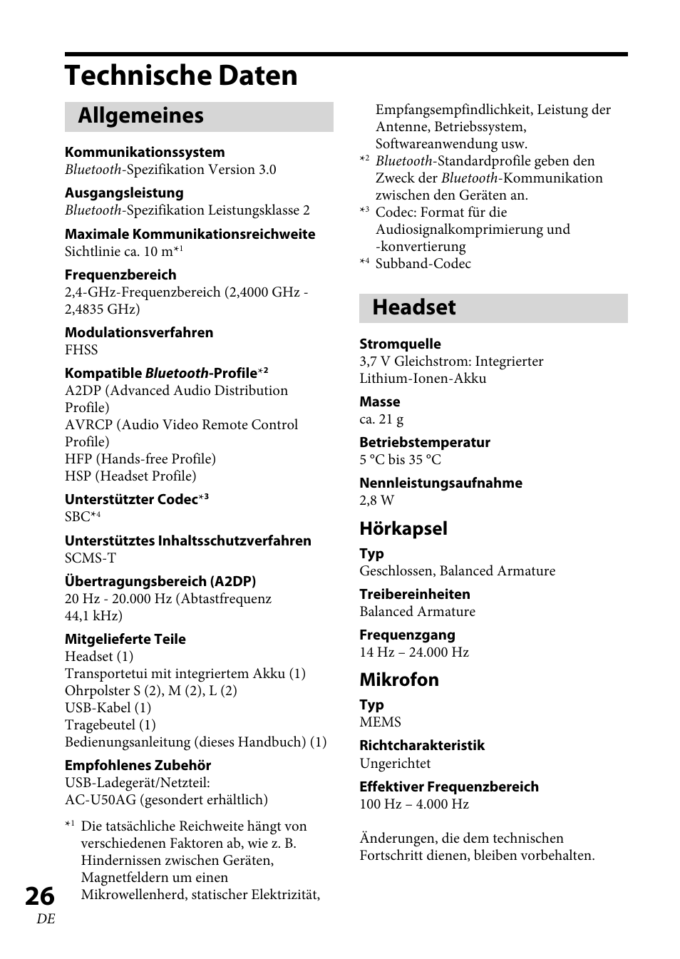 Technische daten, Allgemeines, Headset | Hörkapsel, Mikrofon | Sony XBA-BT75 User Manual | Page 78 / 132