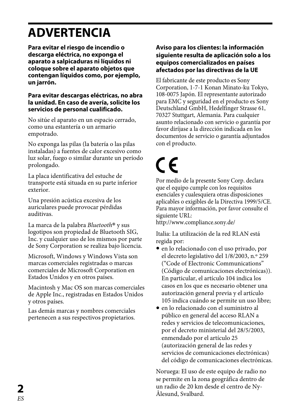 Advertencia | Sony XBA-BT75 User Manual | Page 80 / 132