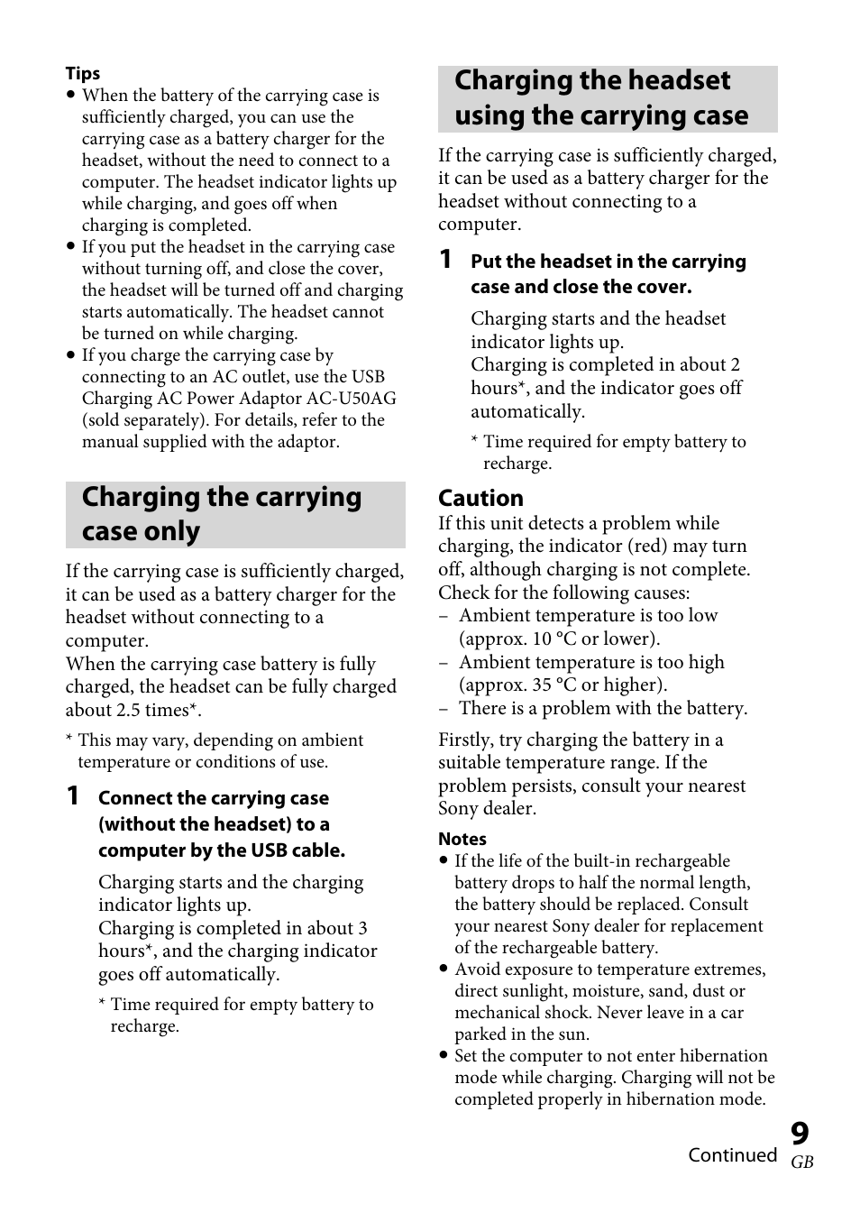 Charging the carrying case only, Charging the headset using the carrying case, Caution | Sony XBA-BT75 User Manual | Page 9 / 132