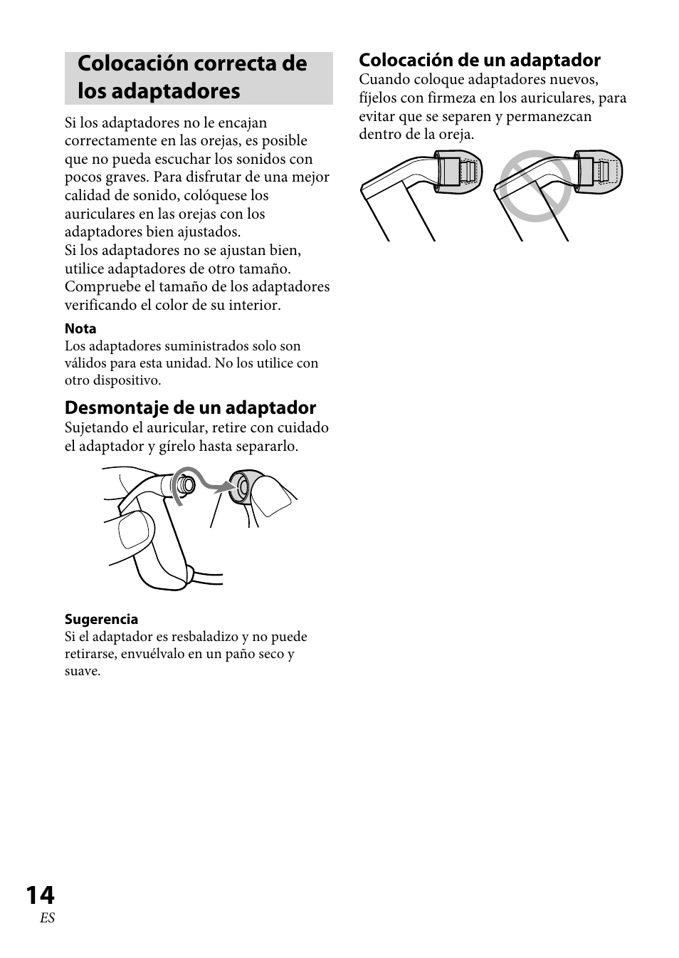Colocación correcta de los adaptadores | Sony XBA-BT75 User Manual | Page 92 / 132