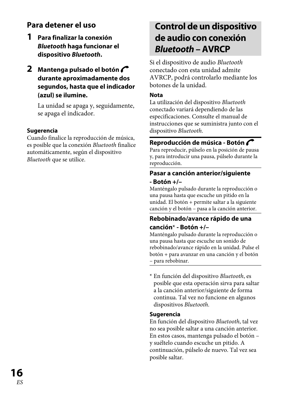 Para detener el uso | Sony XBA-BT75 User Manual | Page 94 / 132