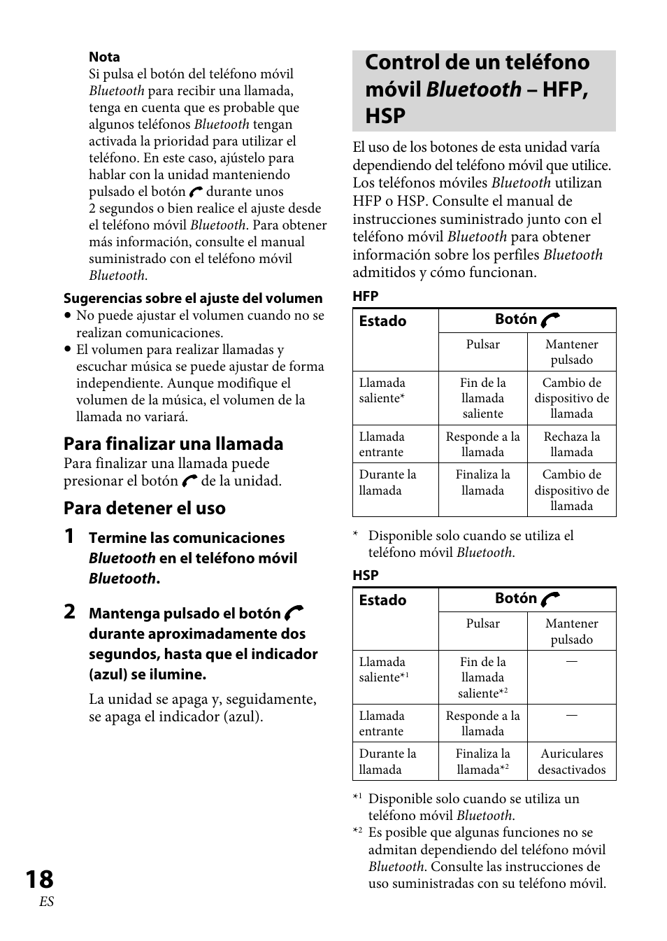 Control de un teléfono móvil bluetooth – hfp, hsp, Para finalizar una llamada, Para detener el uso | Sony XBA-BT75 User Manual | Page 96 / 132