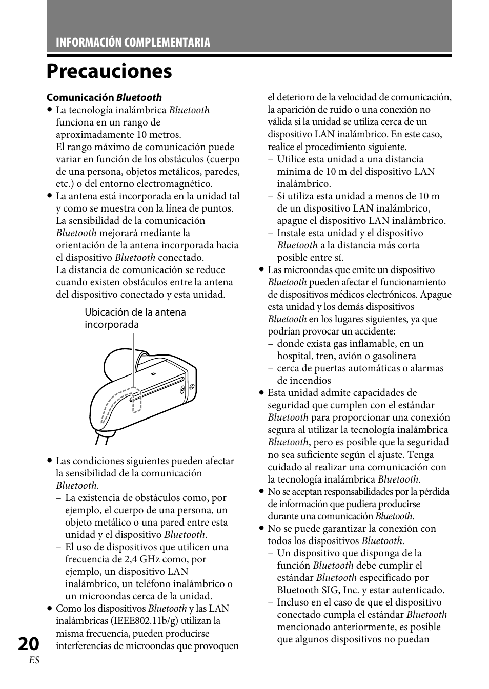 Precauciones | Sony XBA-BT75 User Manual | Page 98 / 132