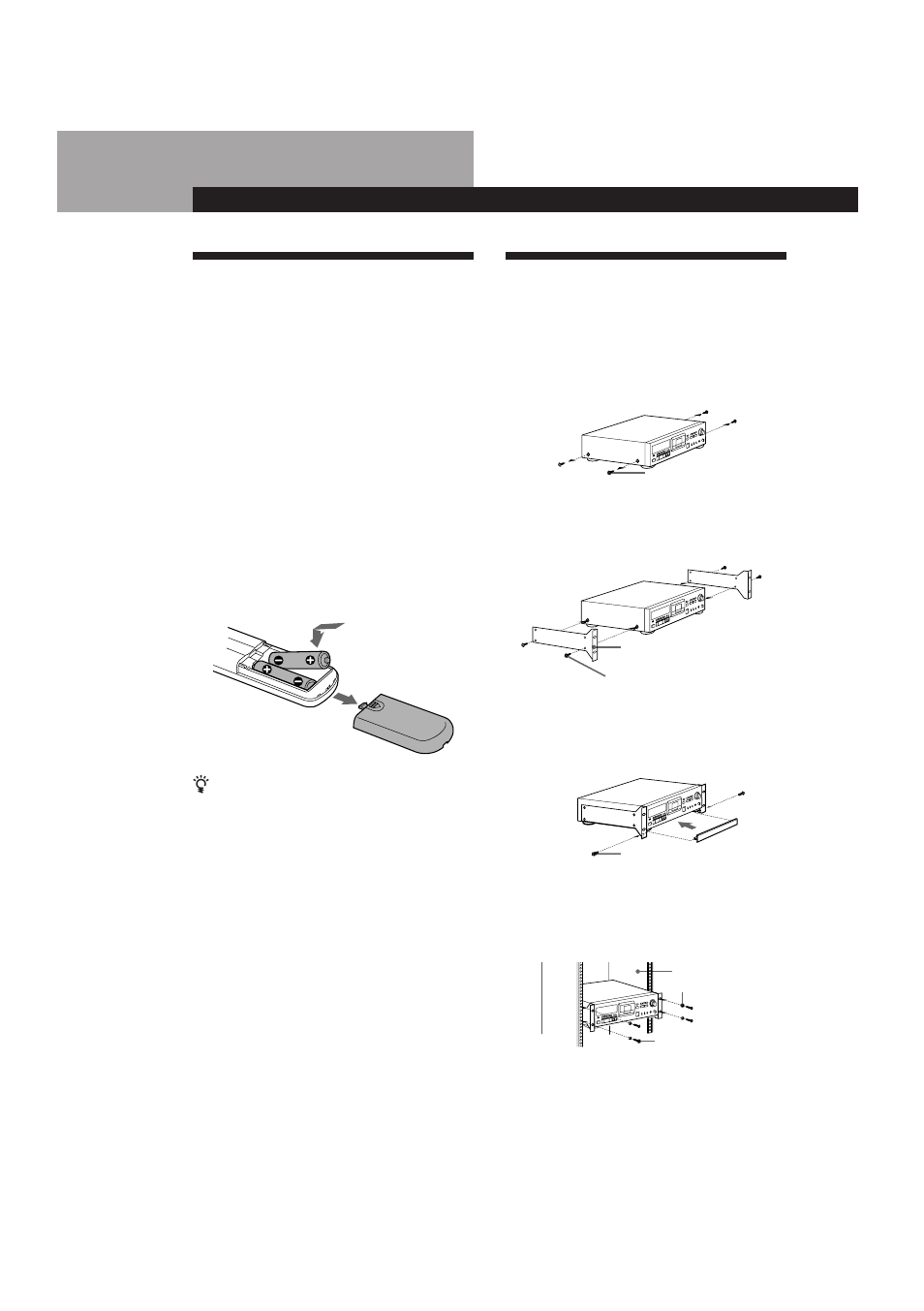 Nach dem auspacken, Gestellmontage, Vorbereitungen | Einlegen der batterien in die fernbedienung | Sony DTC-A6 User Manual | Page 43 / 62
