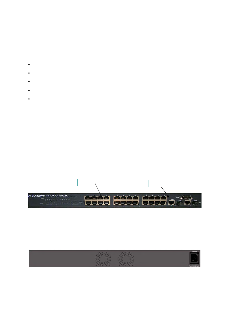 3 package contents, 4 front and back panel descriptions, 3724pwr front panel | 3724pwr rear panel | Asante Technologies INTRACORE 3724PWR User Manual | Page 11 / 154