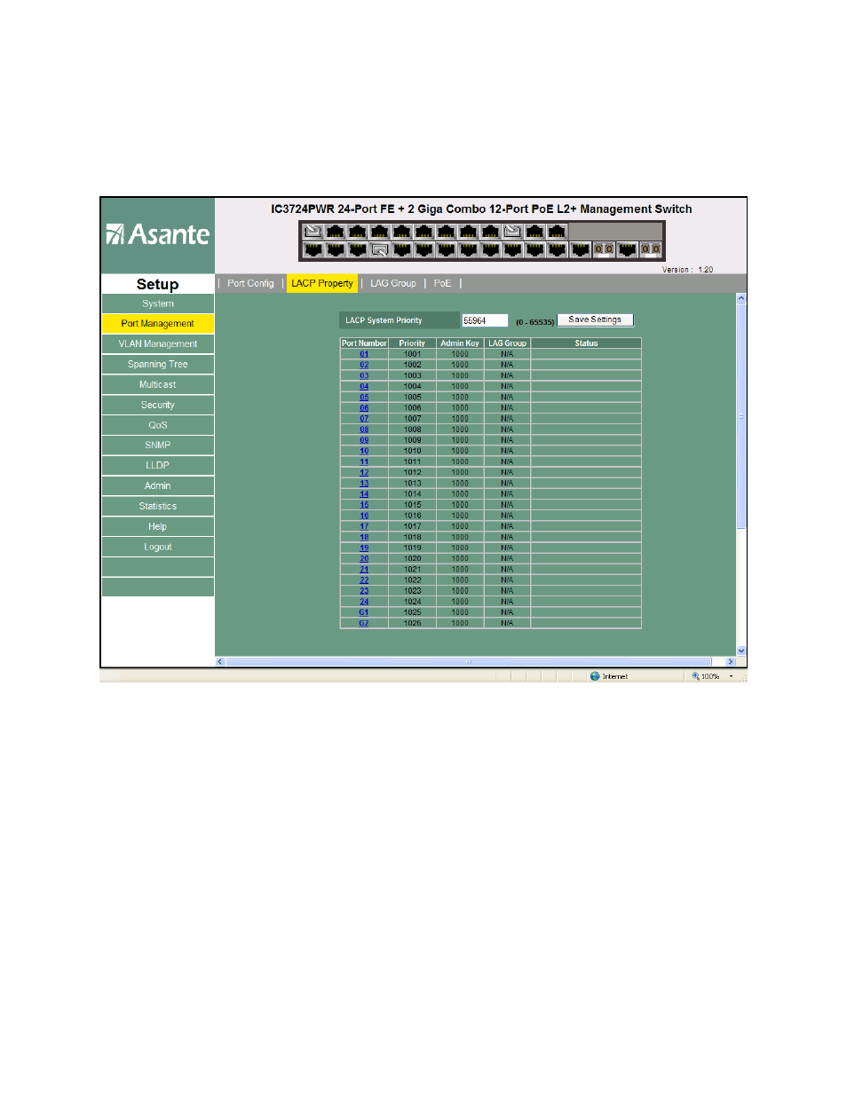 Port management – lacp property | Asante Technologies INTRACORE 3724PWR User Manual | Page 74 / 154