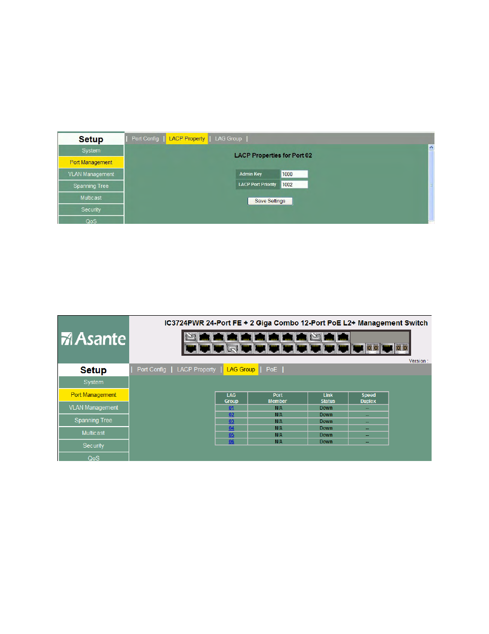 Port management – lacp property – port, Port management – lag group | Asante Technologies INTRACORE 3724PWR User Manual | Page 75 / 154