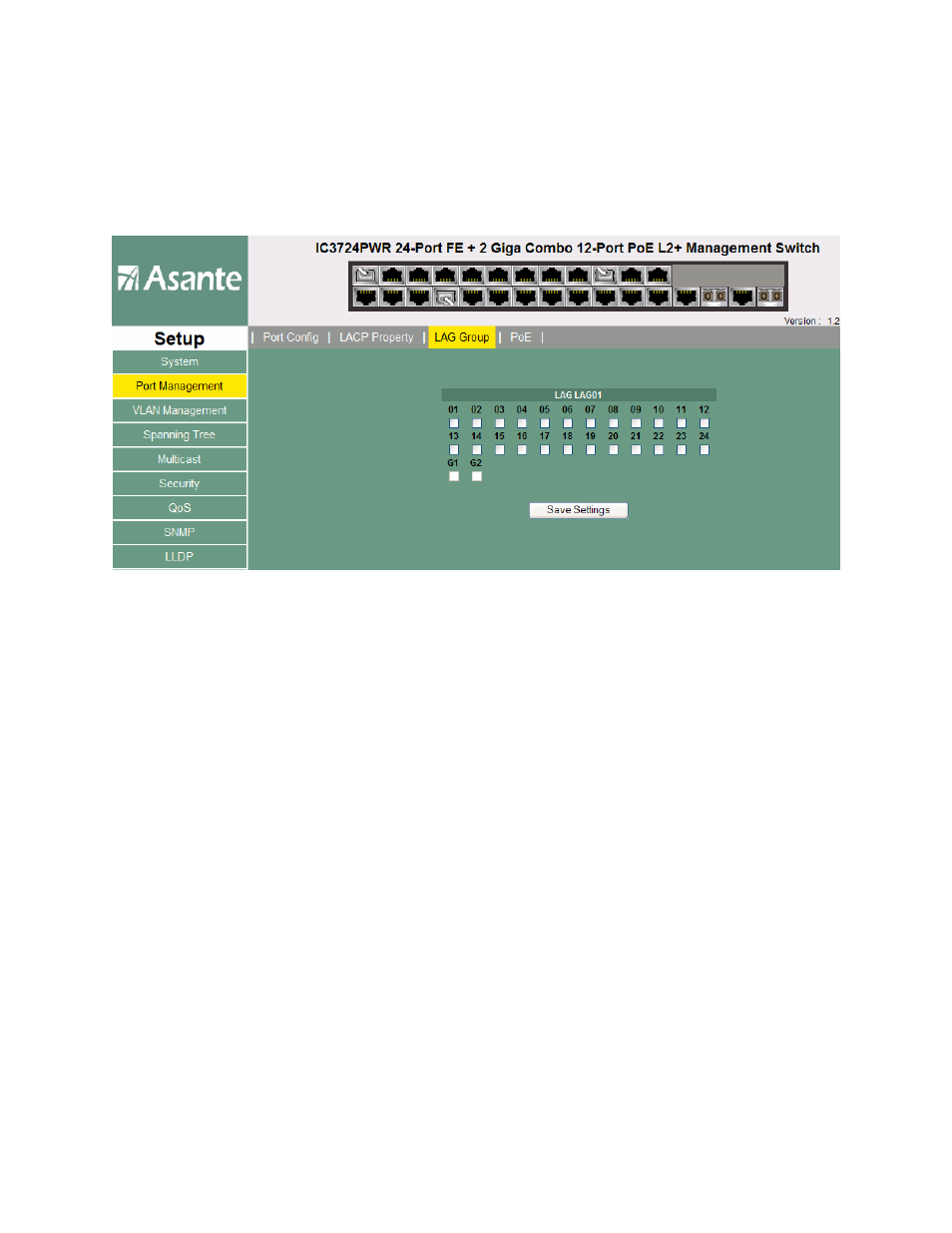 Port management – lag group - each group | Asante Technologies INTRACORE 3724PWR User Manual | Page 76 / 154