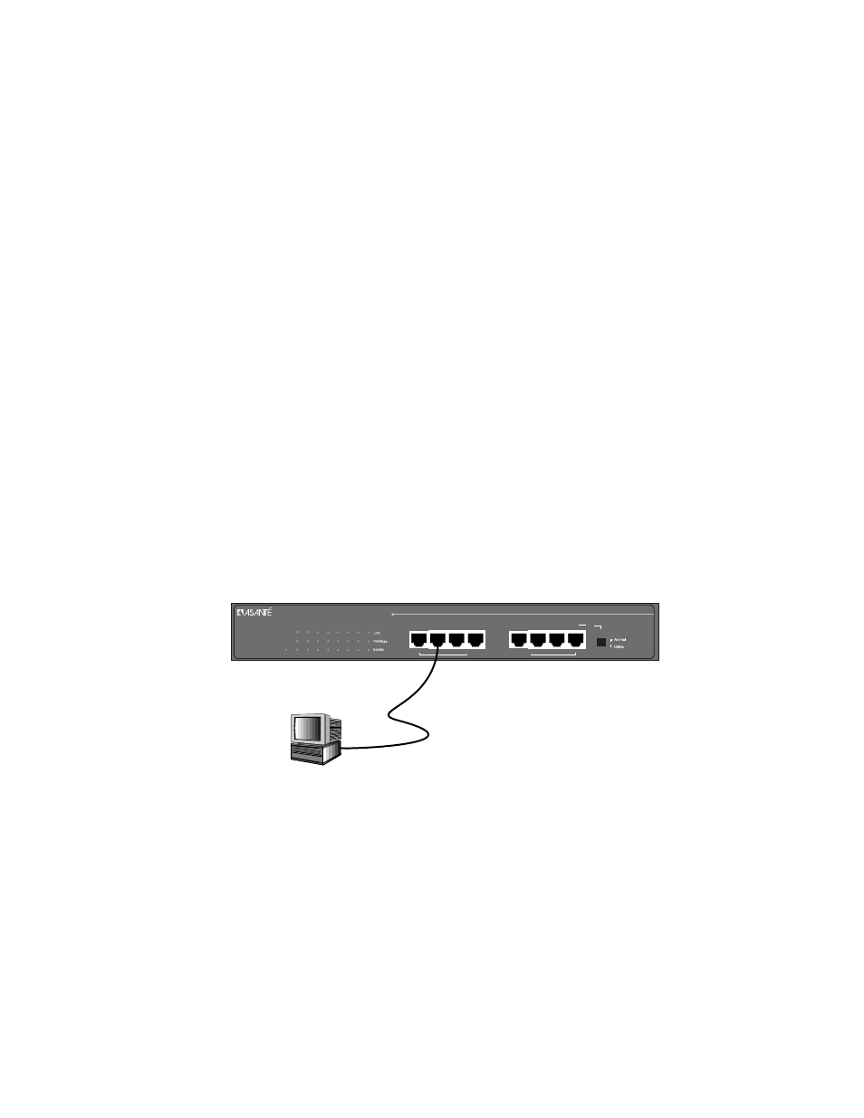 Connecting network devices, Connecting a pc to the switch, Straight-through network cable | Connecting network devices page 2-9, Figure 2-12 connecting a pc to the switch | Asante Technologies FS4008E/FS4016E User Manual | Page 19 / 34