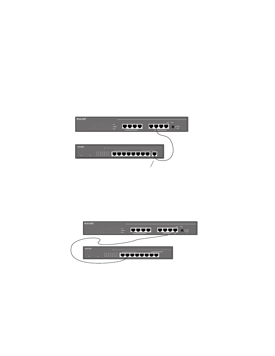 Connecting a hub or a switch to the asanté switch, Connecting a hub with no uplink port to the switch, Installation page 2-10 | Figure 2-13 connecting a hub to the switch, Fs4008e hub straight-through network cable, Hub’s uplink port, Fs4008e switch hub straight-through network cable, Straight-through cable | Asante Technologies FS4008E/FS4016E User Manual | Page 20 / 34
