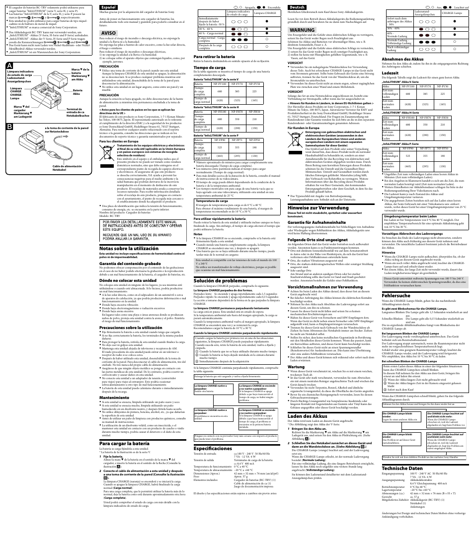 Aviso, Notas sobre la utilización, Para cargar la batería | Solución de problemas, Especificaciones, Warnung, Hinweise zur verwendung, Laden des akkus, Fehlersuche, Technische daten | Sony BC-TRV User Manual | Page 2 / 2