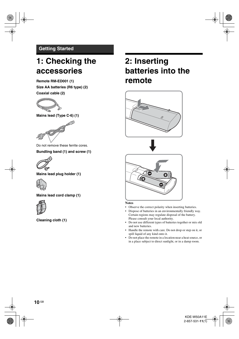 Getting started, Checking the accessories, Inserting batteries into the remote | Sony KDE-W50A11E User Manual | Page 10 / 194