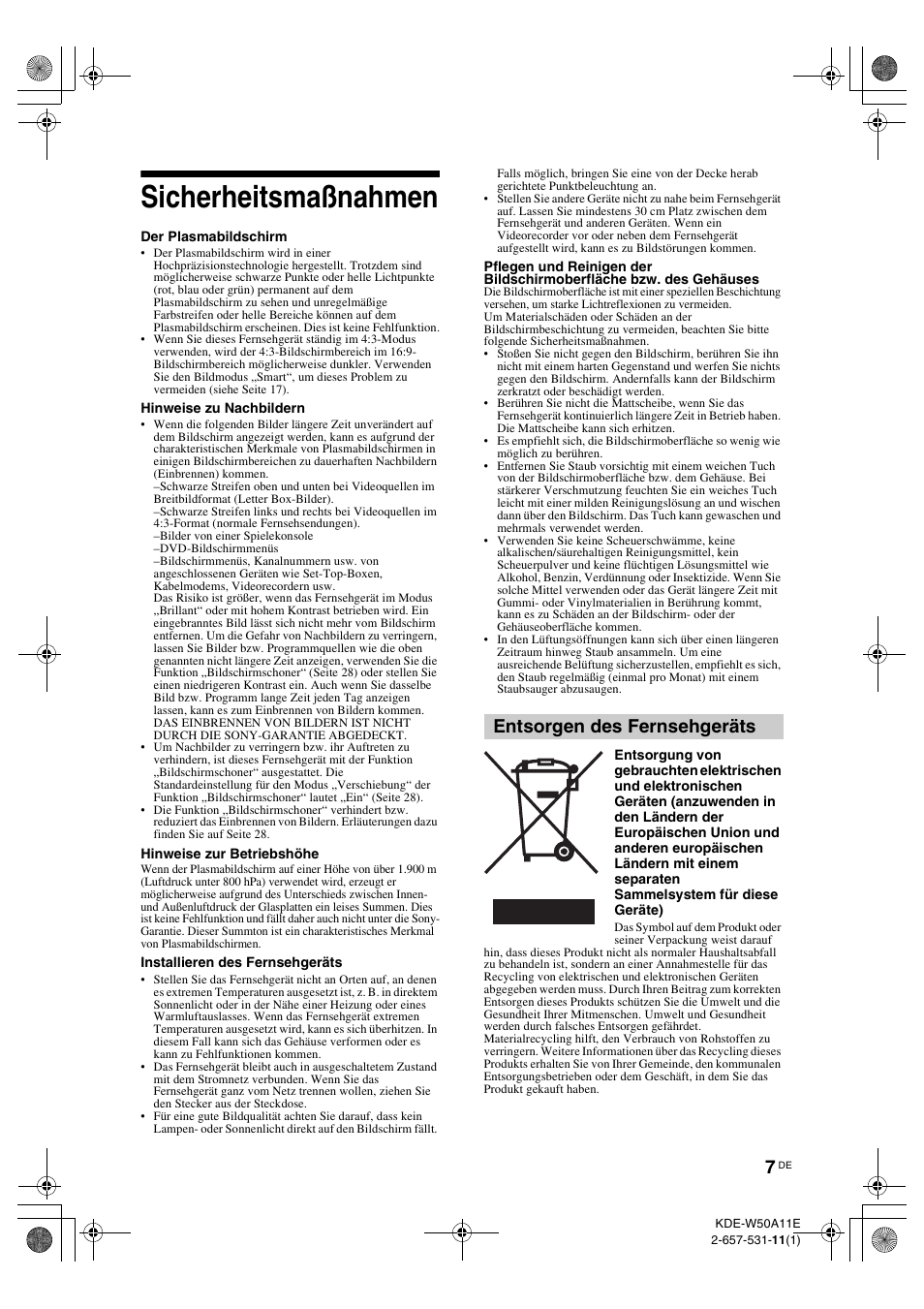 Sicherheitsmaßnahmen, Entsorgen des fernsehgeräts | Sony KDE-W50A11E User Manual | Page 101 / 194