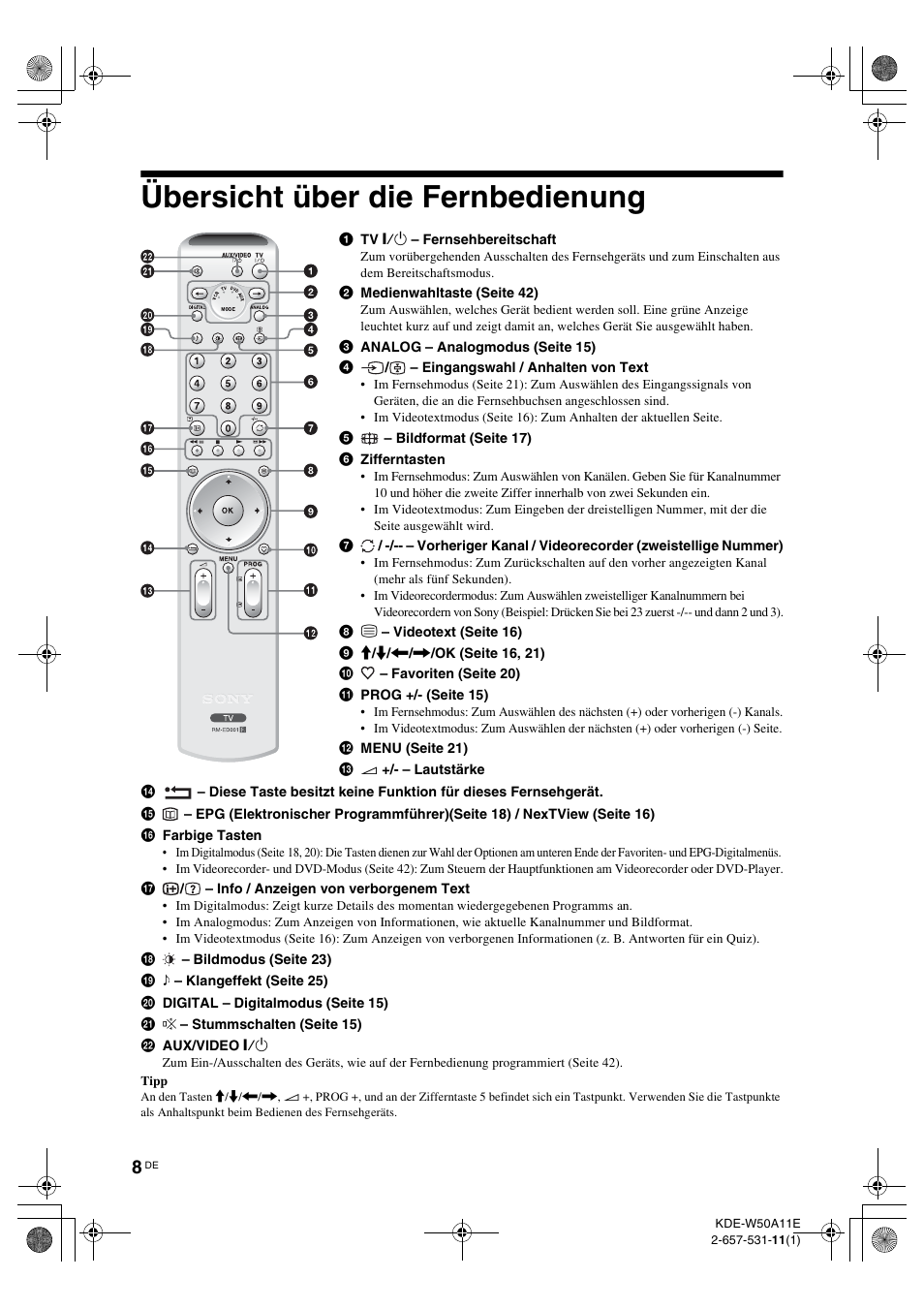 Übersicht über die fernbedienung | Sony KDE-W50A11E User Manual | Page 102 / 194