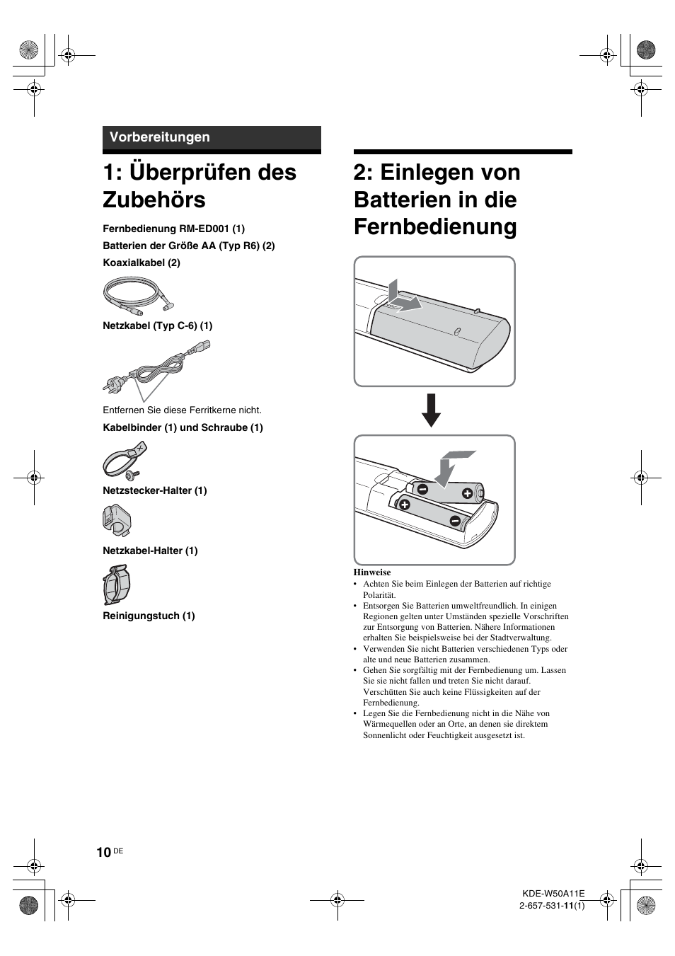 Vorbereitungen, Überprüfen des zubehörs, Einlegen von batterien in die fernbedienung | Einlegen von batterien in die, Fernbedienung | Sony KDE-W50A11E User Manual | Page 104 / 194