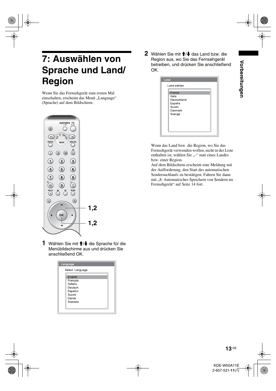 Auswählen von sprache und land/ region, Auswählen von sprache und, Land/region | Sony KDE-W50A11E User Manual | Page 107 / 194