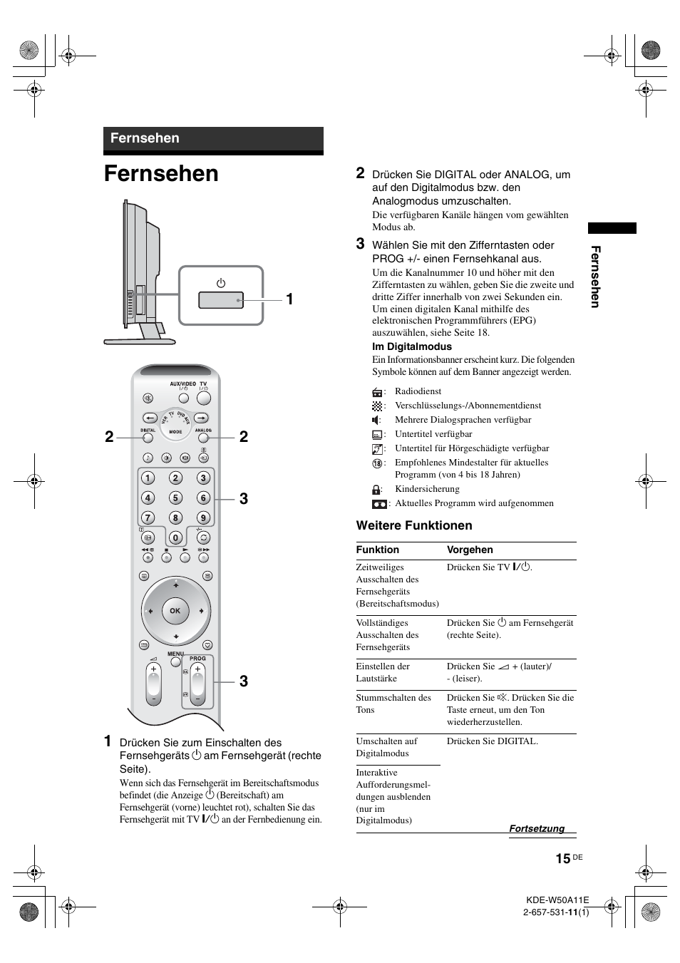 Fernsehen, Nur für digitale kanäle, Seite 15) | Ten (seite 15) | Sony KDE-W50A11E User Manual | Page 109 / 194
