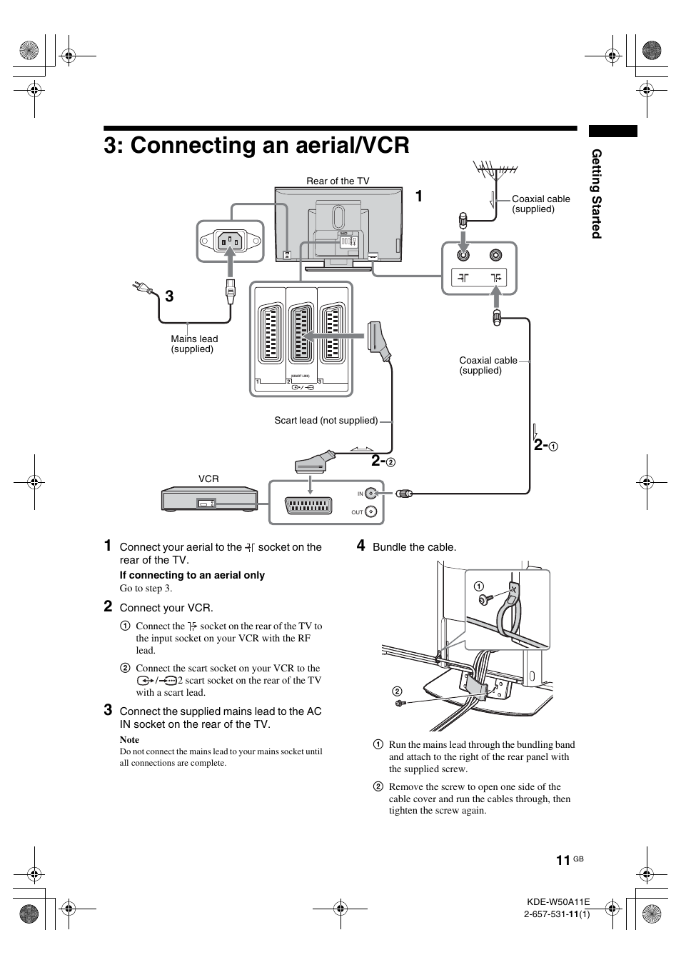 Connecting an aerial/vcr | Sony KDE-W50A11E User Manual | Page 11 / 194