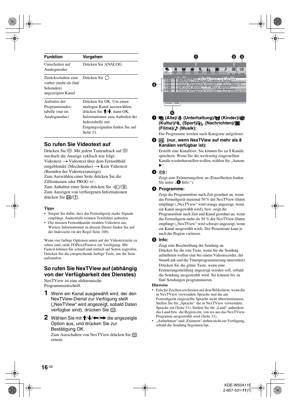 S (seite 16), T (seite 16), Seite 16, 21 | Seite 16), So rufen sie videotext auf | Sony KDE-W50A11E User Manual | Page 110 / 194