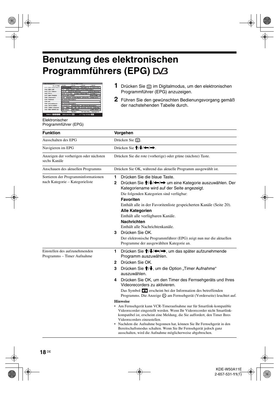 Benutzung des elektronischen programmführers (epg), Benutzung des elektronischen, Programmführers (epg) | Seite 18), Seite 18, 20 | Sony KDE-W50A11E User Manual | Page 112 / 194