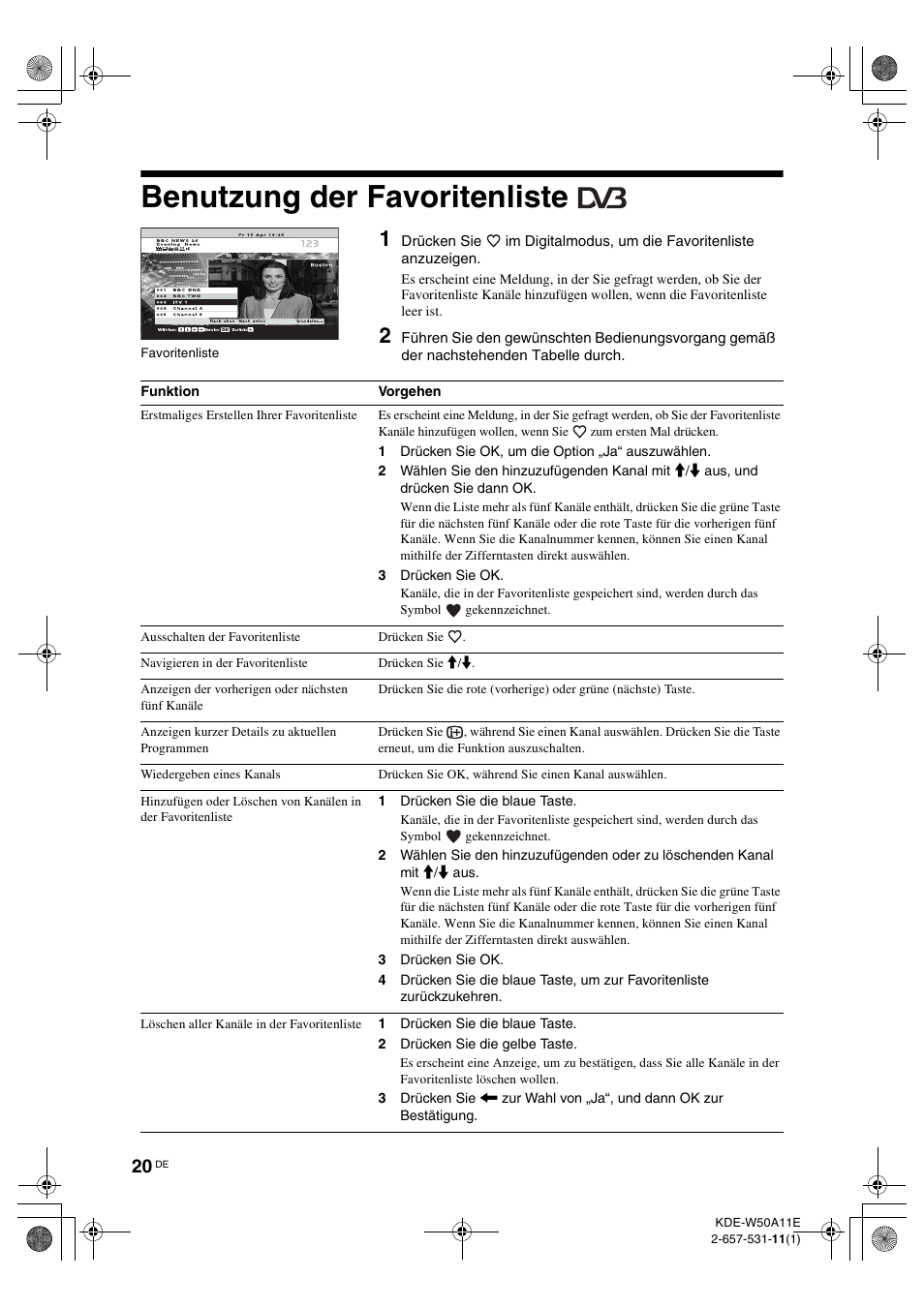 Benutzung der favoritenliste, N (seite 20) | Sony KDE-W50A11E User Manual | Page 114 / 194