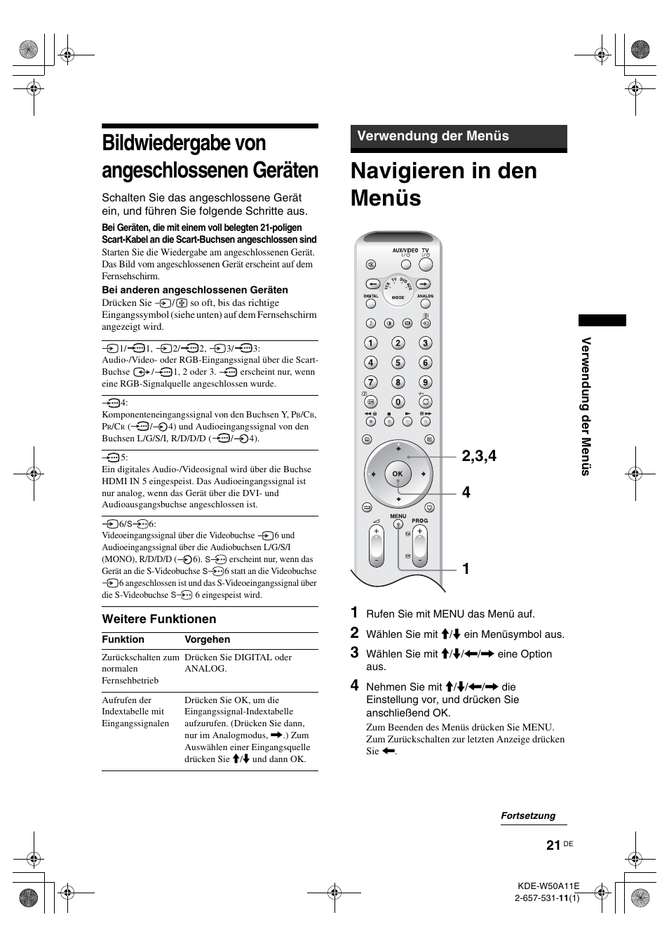Bildwiedergabe von angeschlossenen geräten, Verwendung der menüs, Navigieren in den menüs | Bildwiedergabe von angeschlossenen, Geräten, Seite 21), Hl (seite 21) | Sony KDE-W50A11E User Manual | Page 115 / 194