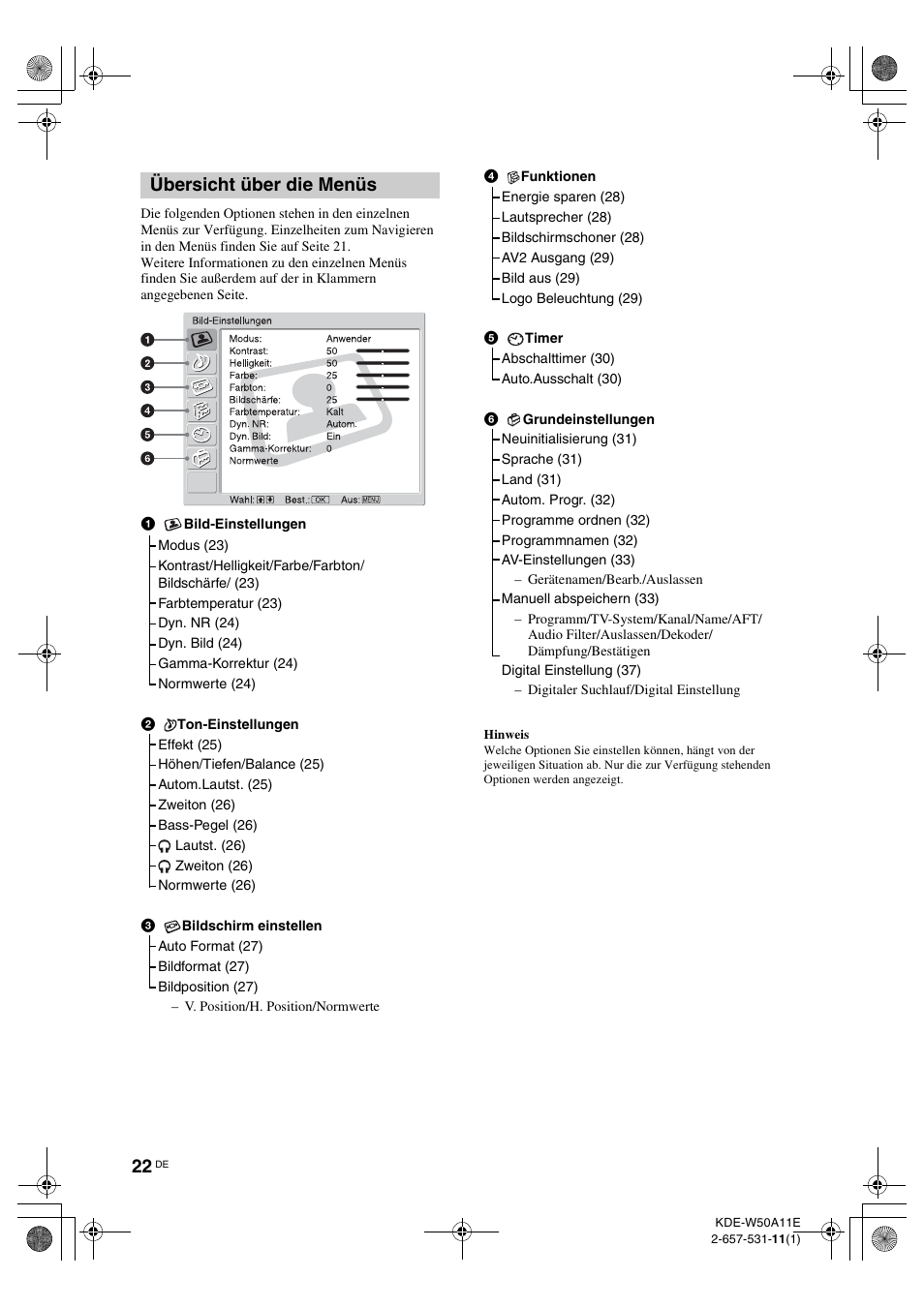 Übersicht über die menüs | Sony KDE-W50A11E User Manual | Page 116 / 194
