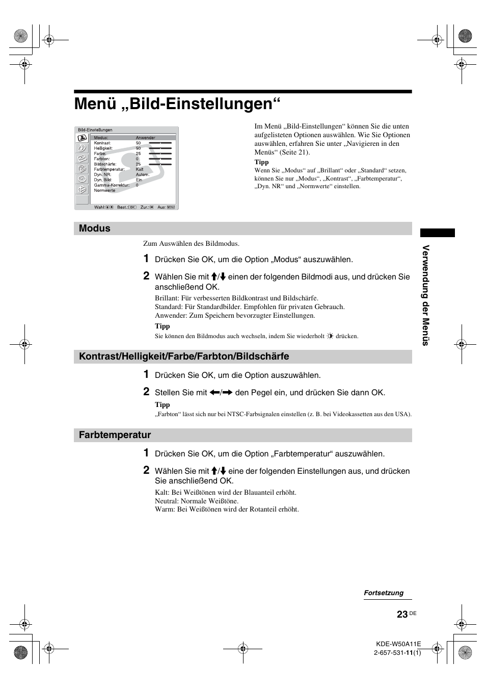 Menü „bild-einstellungen, Modus, Kontrast/helligkeit/farbe/farbton/bildschärfe | Farbtemperatur, Seite 23), S (23) | Sony KDE-W50A11E User Manual | Page 117 / 194