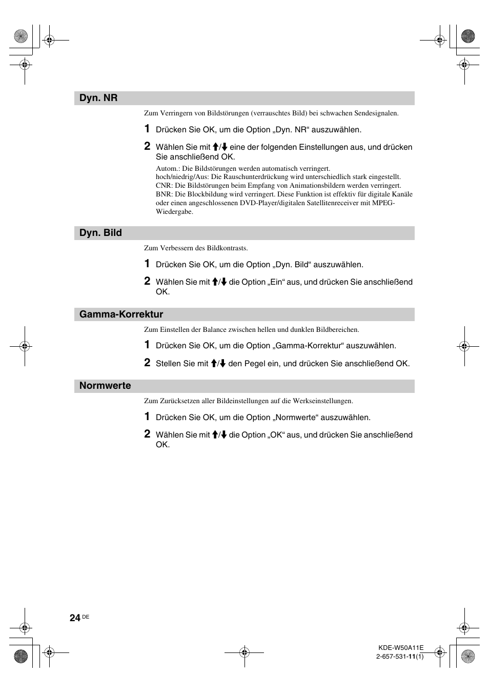 Dyn. nr, Dyn. bild, Gamma-korrektur | Normwerte, Dyn. nr dyn. bild gamma-korrektur normwerte, Ur (24), E (24) | Sony KDE-W50A11E User Manual | Page 118 / 194