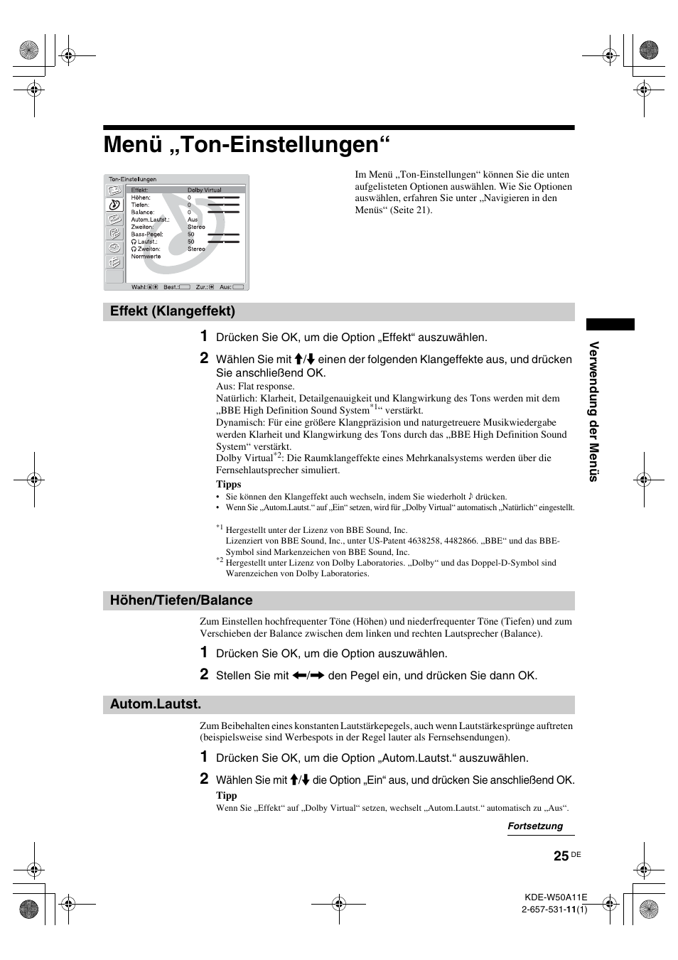 Menü „ton-einstellungen, Effekt (klangeffekt), Höhen/tiefen/balance | Autom.lautst, Seite 25), E (25) | Sony KDE-W50A11E User Manual | Page 119 / 194