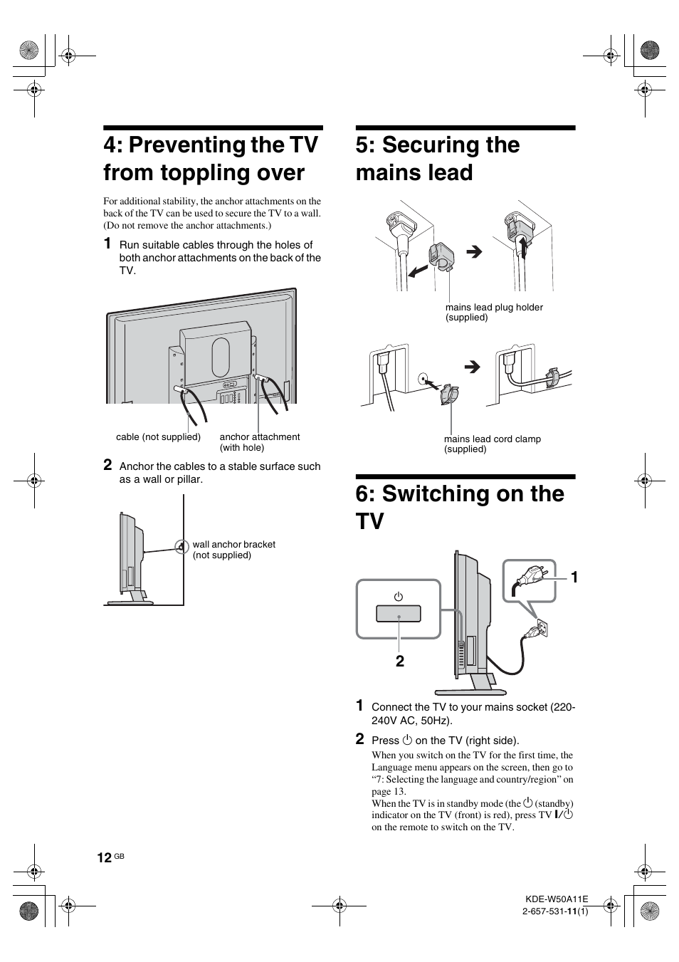 Preventing the tv from toppling over, Securing the mains lead, Switching on the tv | Securing the mains lead 6: switching on the tv | Sony KDE-W50A11E User Manual | Page 12 / 194