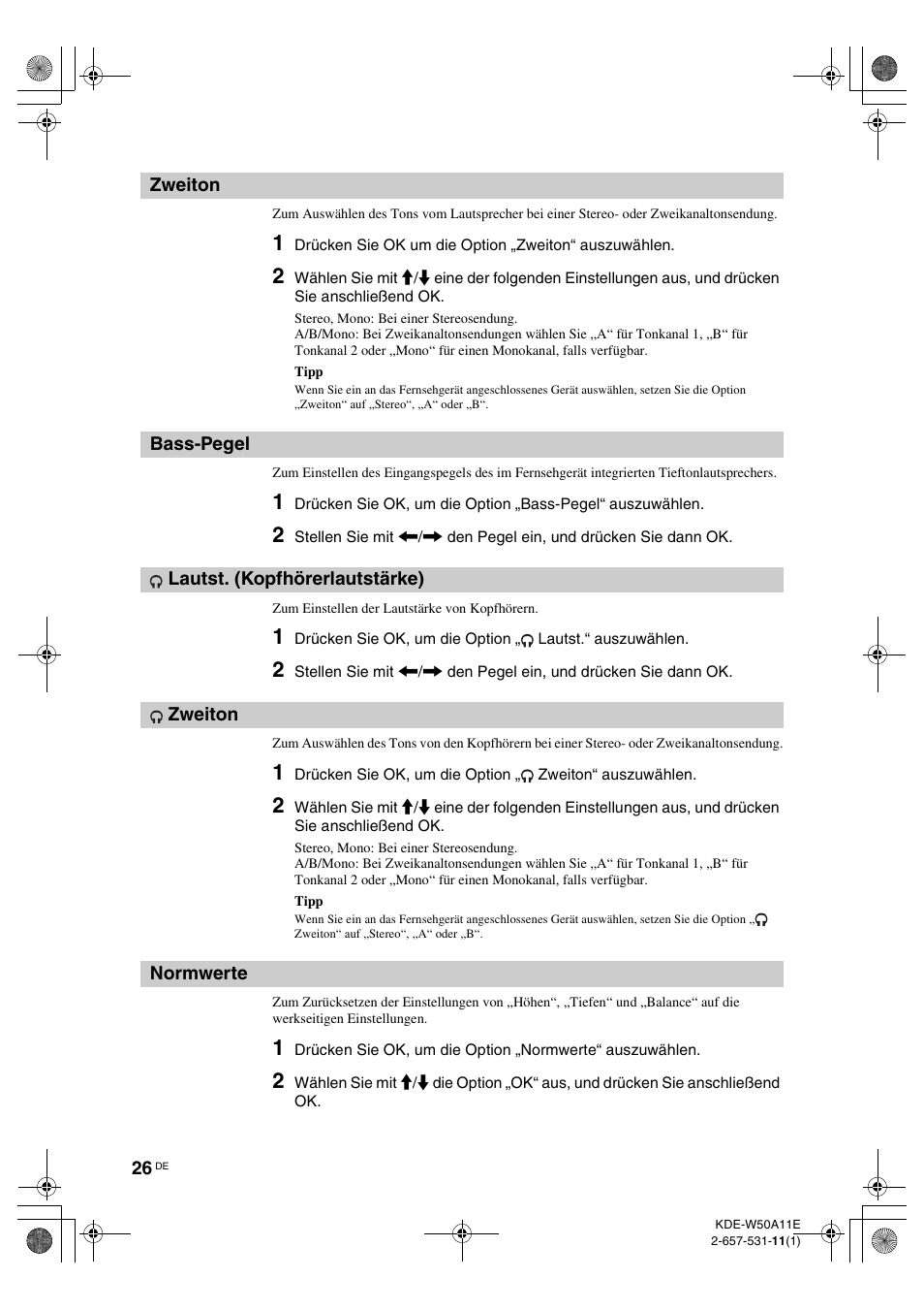 Zweiton, Bass-pegel, Lautst. (kopfhörerlautstärke) | Normwerte, Zweiton bass-pegel, Lautst. (kopfhörerlautstärke) zweiton, N (26), L (26), T. (26), On (26) | Sony KDE-W50A11E User Manual | Page 120 / 194