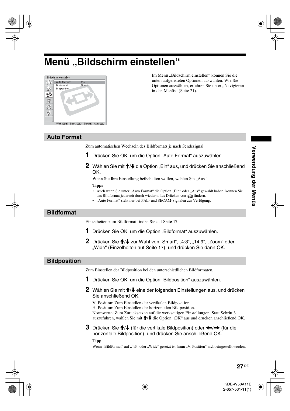 Menü „bildschirm einstellen, Auto format, Bildformat | Bildposition, Auto format bildformat bildposition, On (27) | Sony KDE-W50A11E User Manual | Page 121 / 194