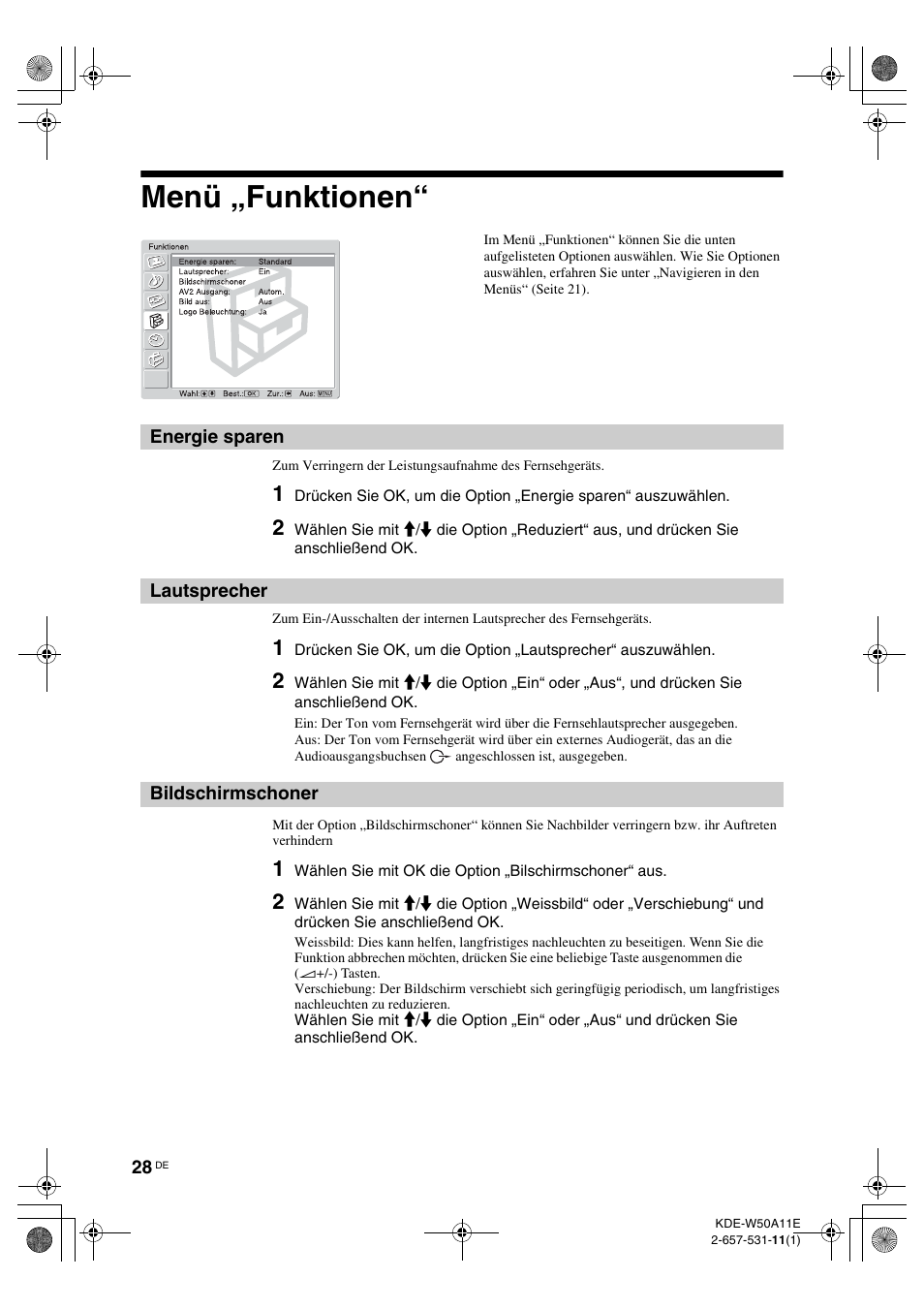 Menü „funktionen, Energie sparen, Lautsprecher | Bildschirmschoner, Energie sparen lautsprecher, Seite 28) od, Seite 28), F seite 28 | Sony KDE-W50A11E User Manual | Page 122 / 194