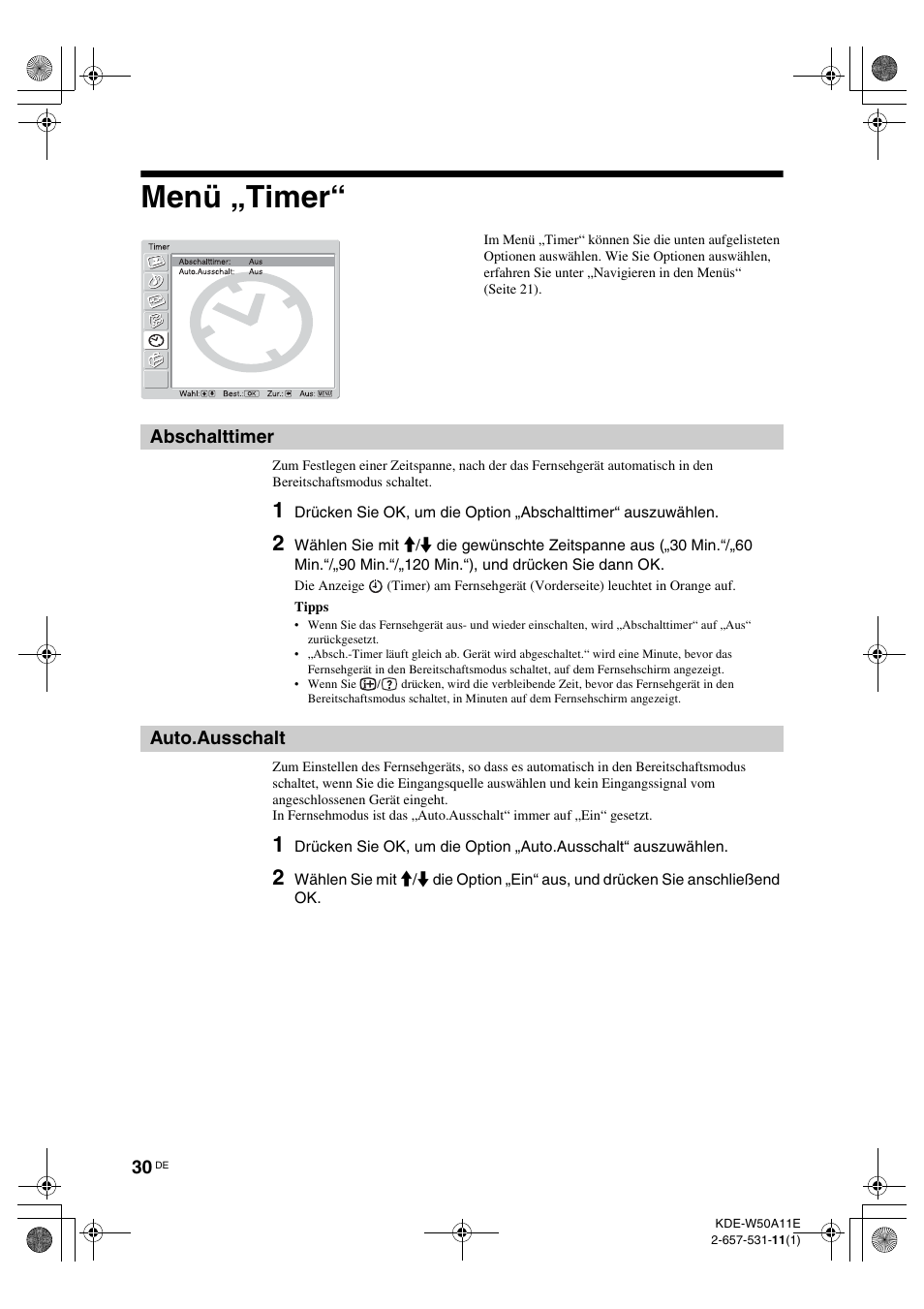Menü „timer, Abschalttimer, Auto.ausschalt | Abschalttimer auto.ausschalt, Ge (seite 30), R (30) | Sony KDE-W50A11E User Manual | Page 124 / 194