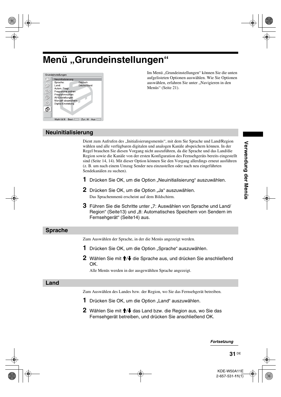Menü „grundeinstellungen, Neuinitialisierung, Sprache | Land, Neuinitialisierung sprache land, Ng (31), E (31), Nd (31) | Sony KDE-W50A11E User Manual | Page 125 / 194