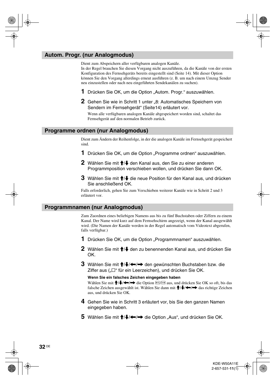 Autom. progr. (nur analogmodus), Programme ordnen (nur analogmodus), Programmnamen (nur analogmodus) | N (32) | Sony KDE-W50A11E User Manual | Page 126 / 194