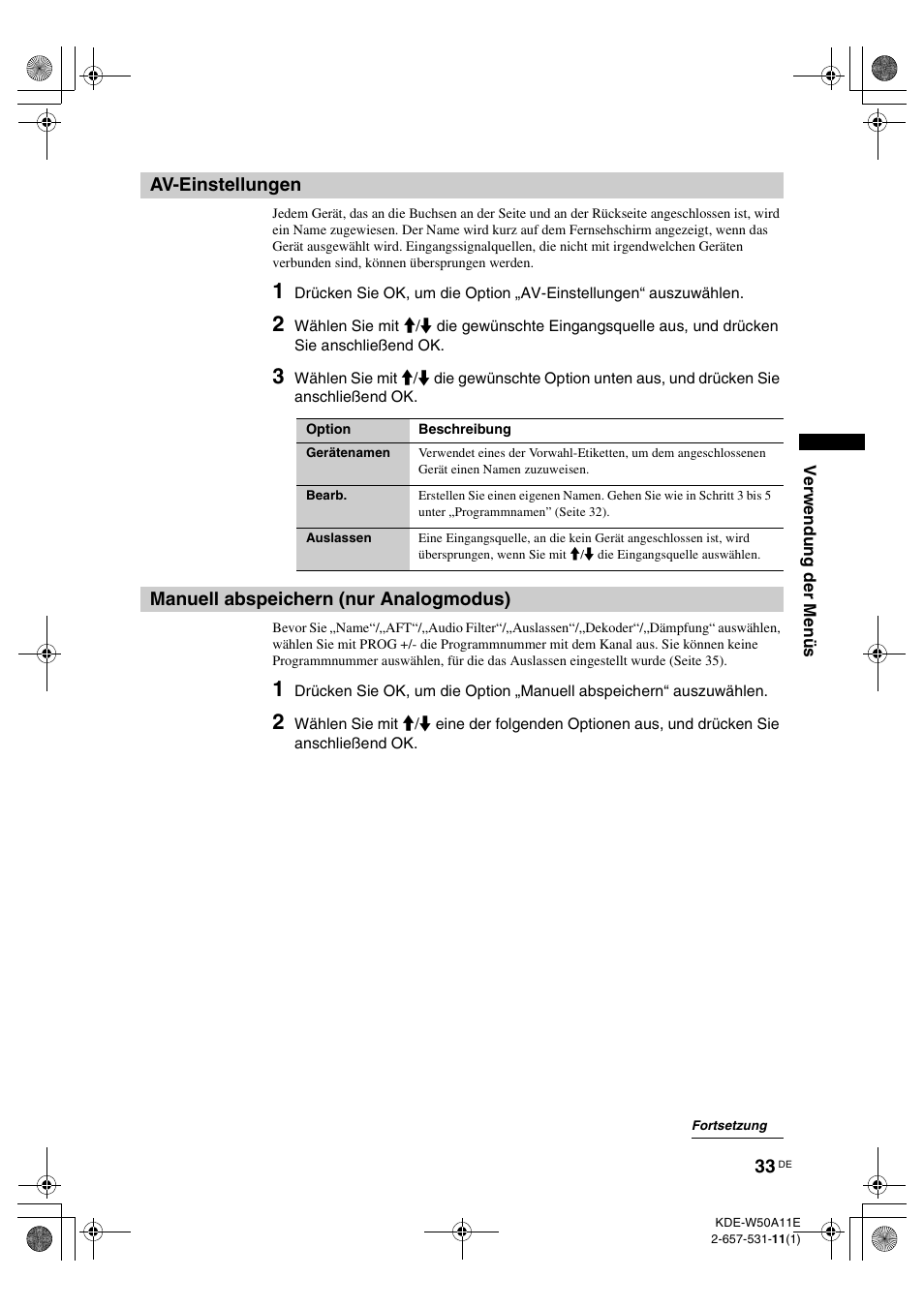 Av-einstellungen, Manuell abspeichern (nur analogmodus) | Sony KDE-W50A11E User Manual | Page 127 / 194