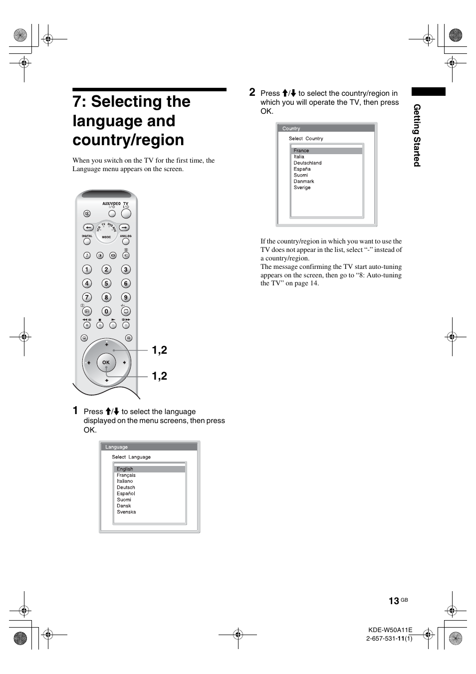 Selecting the language and country/region | Sony KDE-W50A11E User Manual | Page 13 / 194