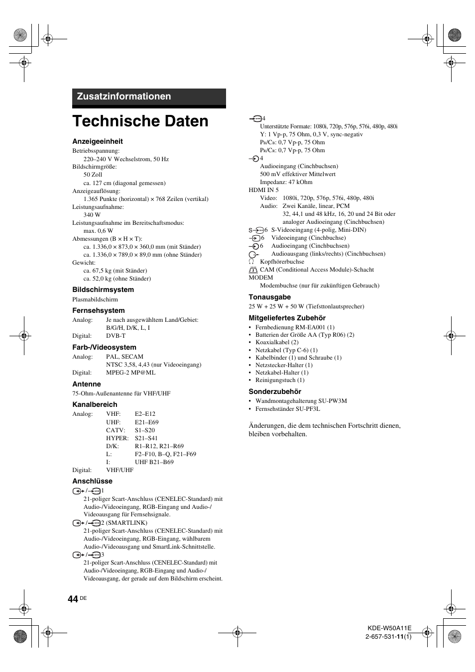 Zusatzinformationen, Technische daten | Sony KDE-W50A11E User Manual | Page 138 / 194