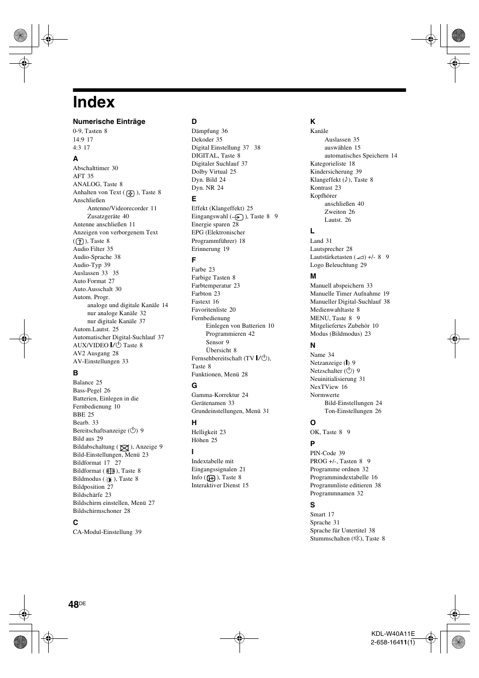 Index | Sony KDE-W50A11E User Manual | Page 142 / 194