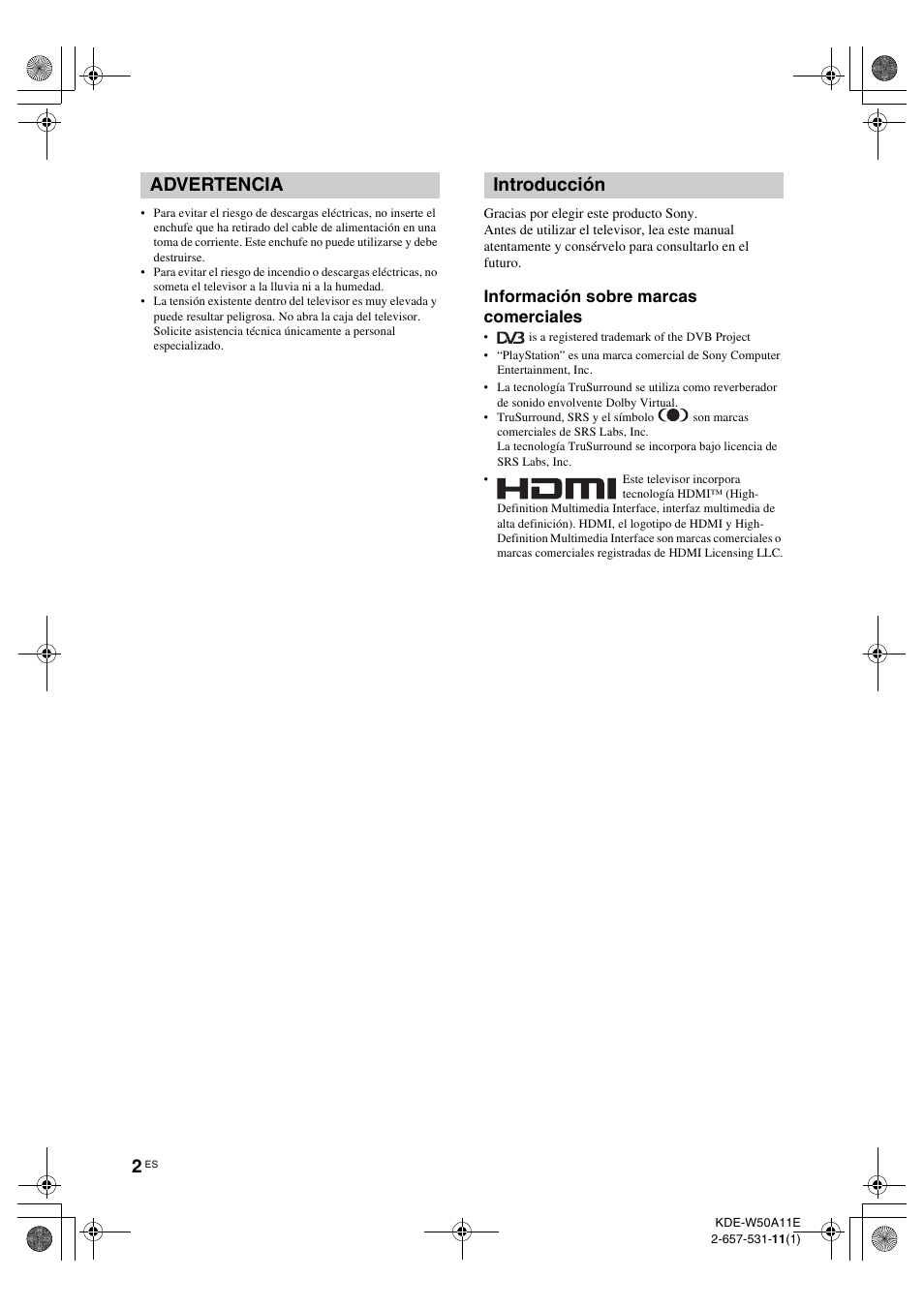 Advertencia introducción, Información sobre marcas comerciales | Sony KDE-W50A11E User Manual | Page 144 / 194