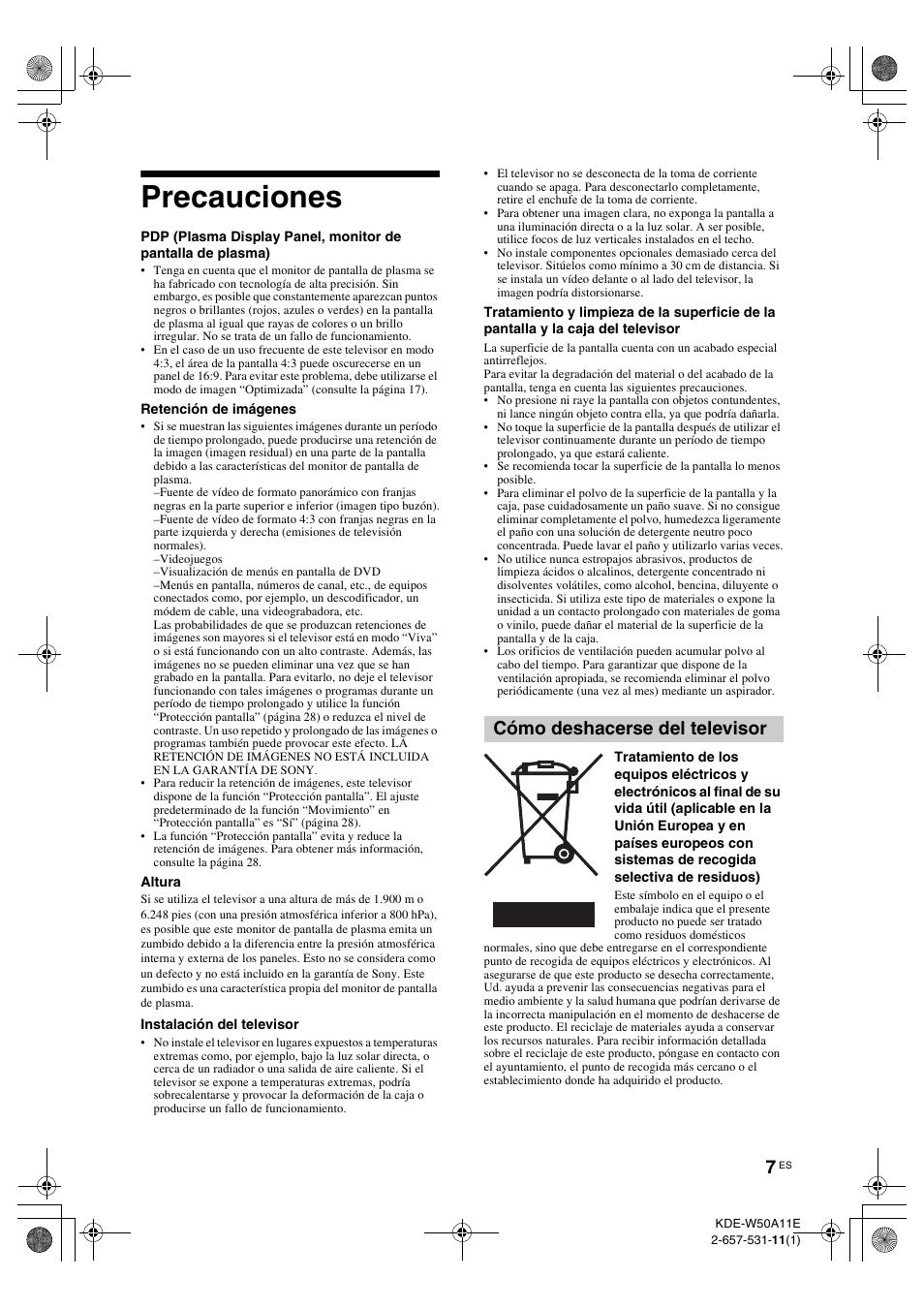 Precauciones, Cómo deshacerse del televisor | Sony KDE-W50A11E User Manual | Page 149 / 194