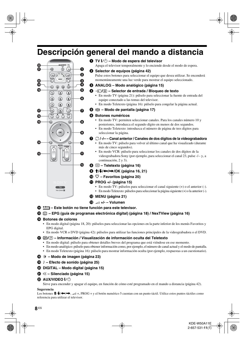 Descripción general del mando a, Distancia, Descripción general del mando a distancia | Sony KDE-W50A11E User Manual | Page 150 / 194