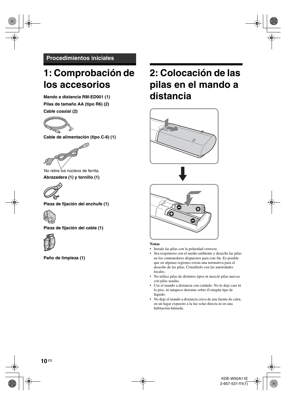 Procedimientos iniciales, Comprobación de los accesorios, Colocación de las pilas en el mando a distancia | Colocación de las pilas en el mando a, Distancia | Sony KDE-W50A11E User Manual | Page 152 / 194