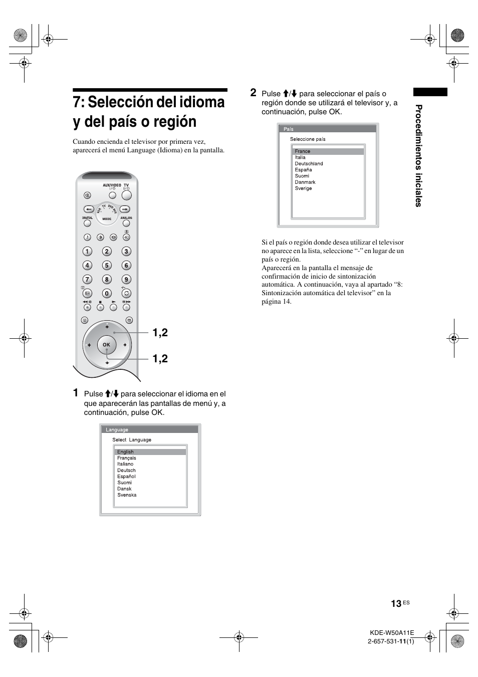 Selección del idioma y del país o región, Selección del idioma y del país, O región | Sony KDE-W50A11E User Manual | Page 155 / 194